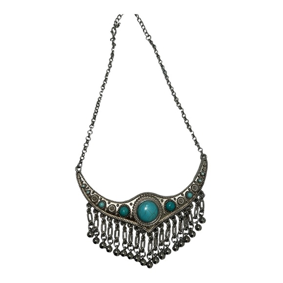 Accessories - Silver Tone Metal Fringe turquoise Stone Collar Necklace $9